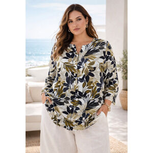 Tahari Women 100% Linen Blouse 2X Lightweight Boho Beach Minimalist Lagenlook